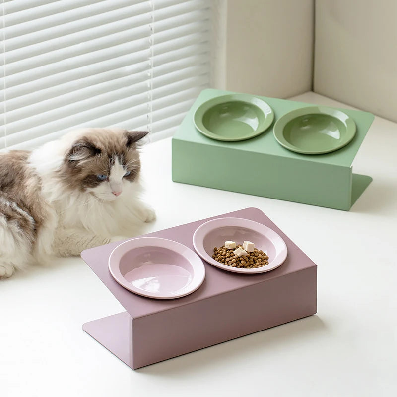 Elevated Cat and Dog Double Ceramic Bowl with Iron Stand