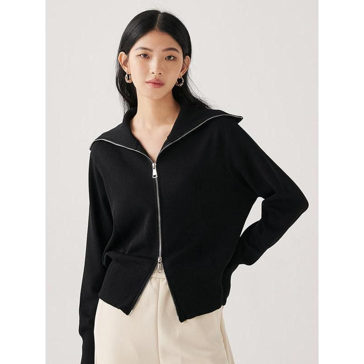 Black Silk-Cotton Blend Cardigan with Zipper