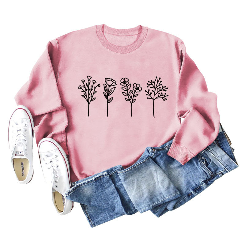 Four Flowers Printed Casual Long Sleeve Sweatshirt