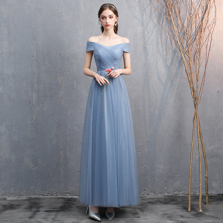 Women's Spring Gray-blue Off-shoulder Banquet Dress