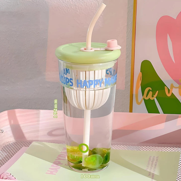 Cute Korean Glass Cup with Lid and Straw