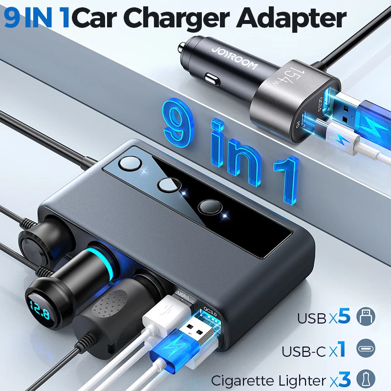 154W 9-in-1 Car Charger Adapter with 3 Sockets, 6 USB Ports, Fast Charging