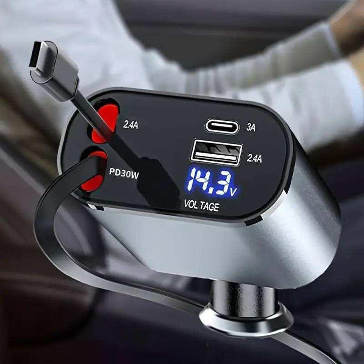 4-in-1 120W Retractable Car Charger with Fast Charging and Voltage Display