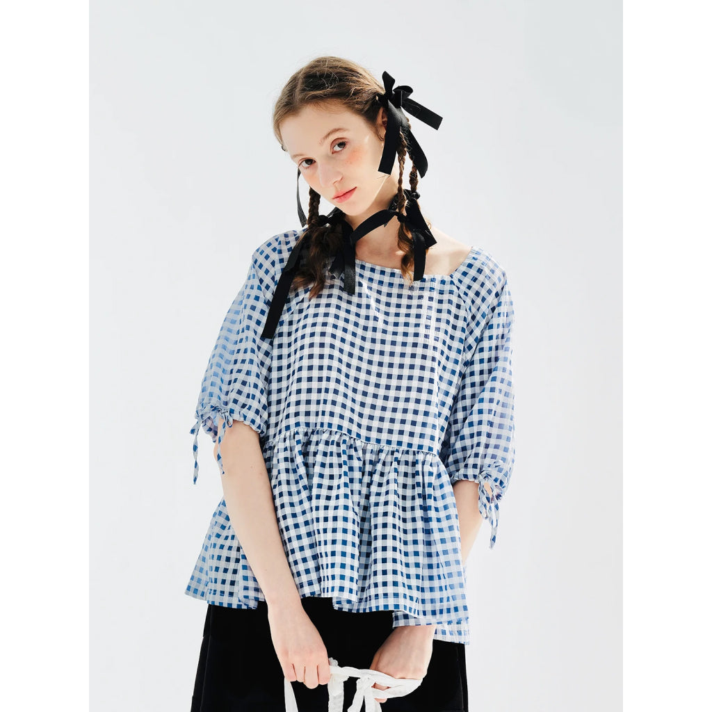 Summer Blue Plaid Puff Sleeve Casual Shirt