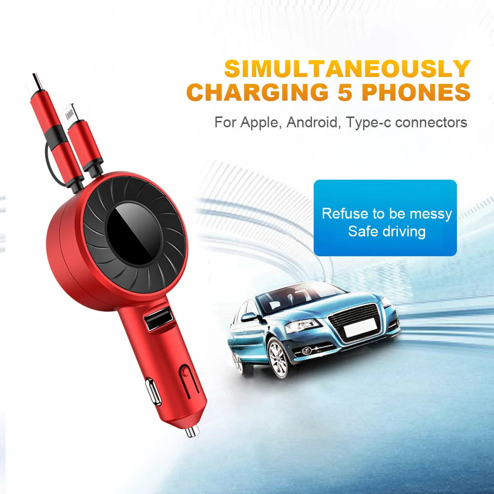 3-in-1 Retractable Fast Charging Car Charger with USB Type C and Micro USB