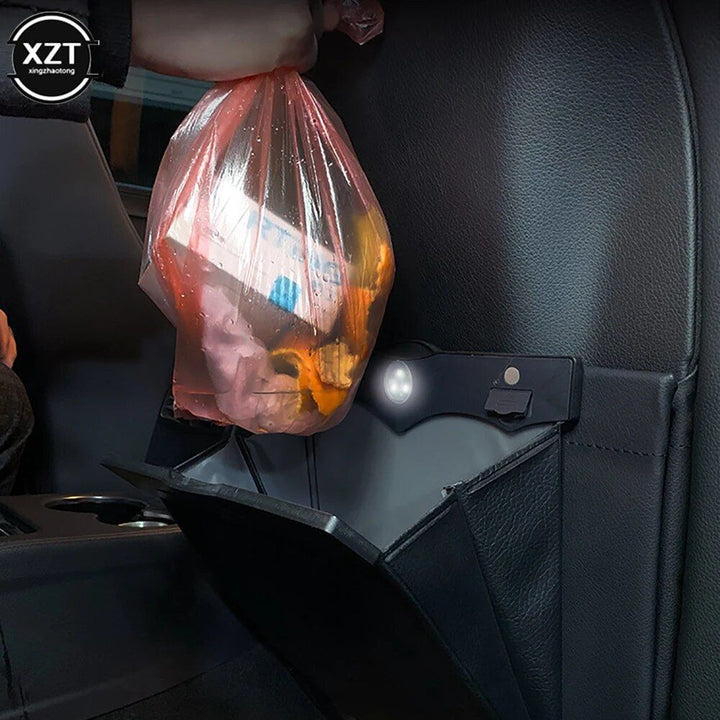 LED-Lit Magnetic Car Trash Bin with Waterproof Leather Storage