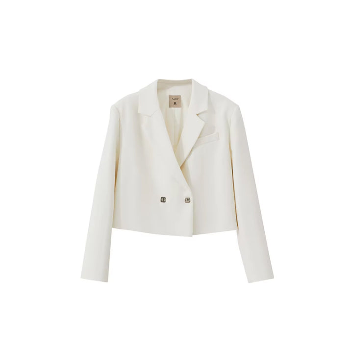 Short Blazer with Turn Lapel Collar and Metal Buckle