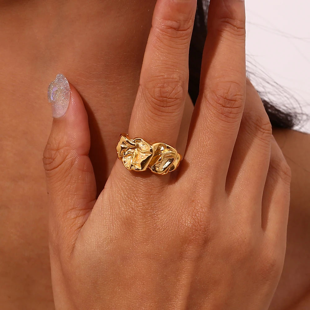 Gold Plated Geometric Irregular Design Tarnish-Free Stainless Steel Ring