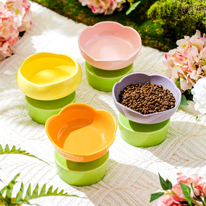 Flower-Shaped Ceramic Cat Food and Water Bowl