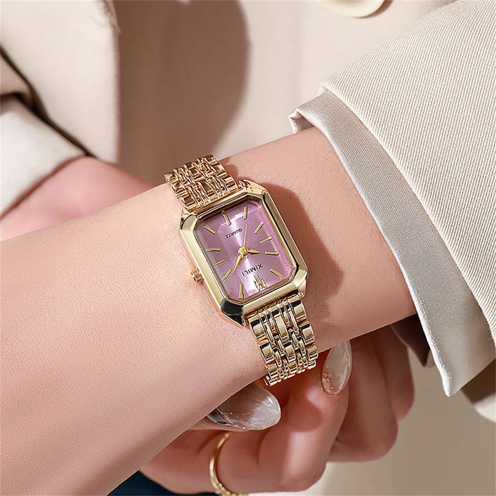 Elegant Women's Square Watch with Gold Alloy Strap