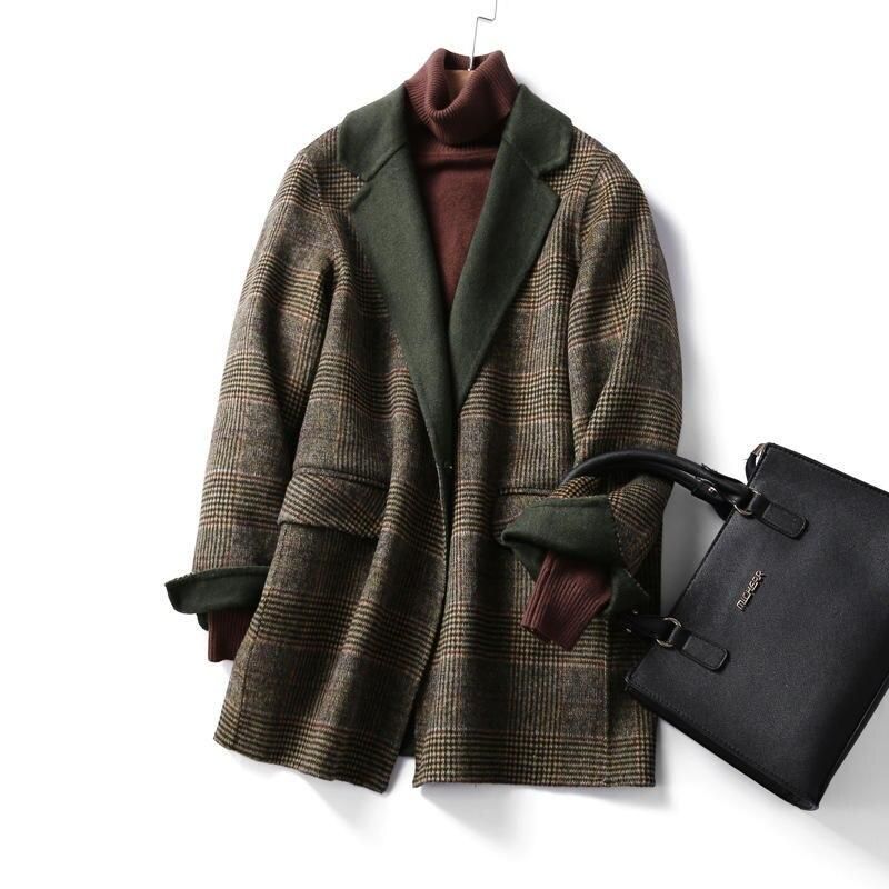 Elegant Plaid Wool Blend Winter Coat for Women