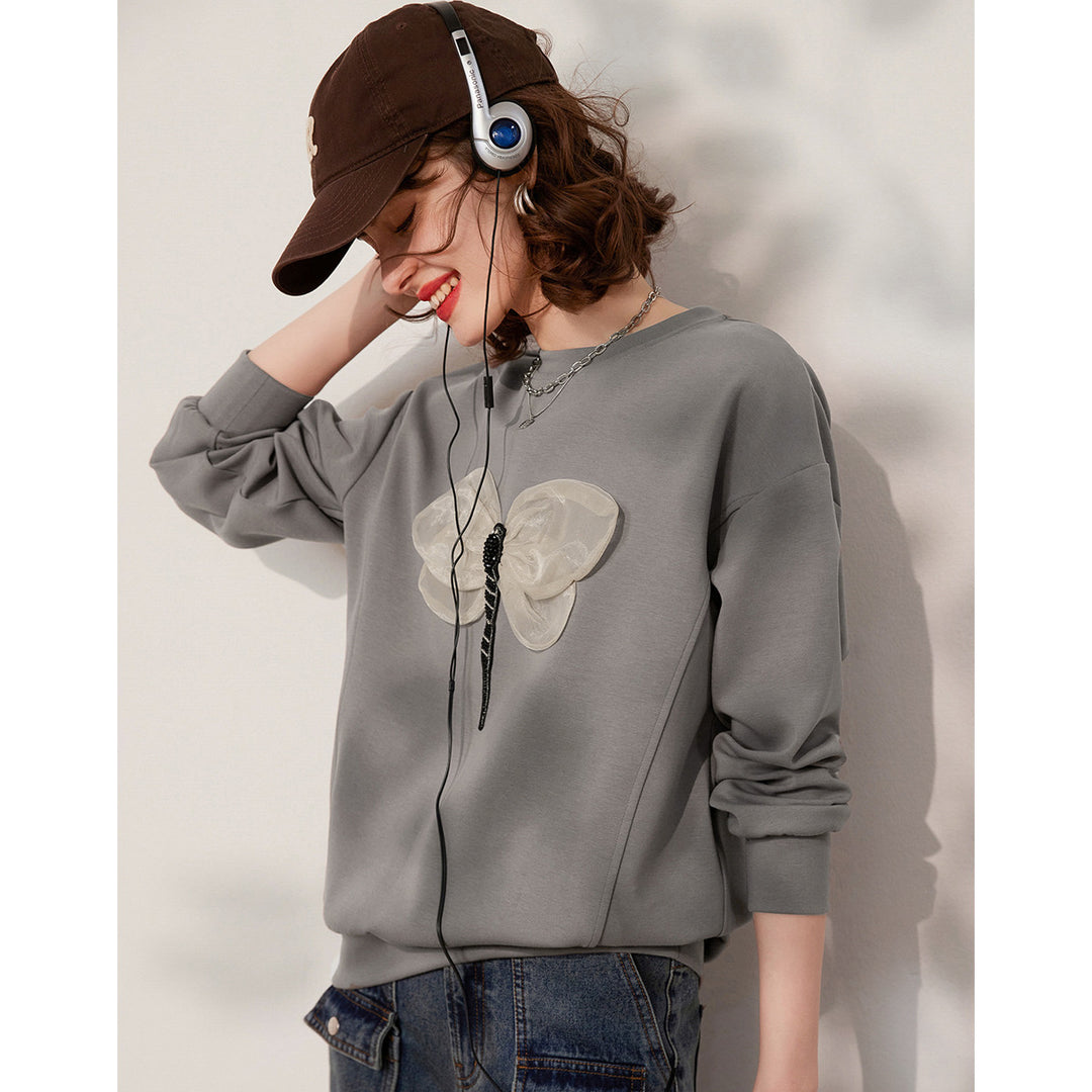 Spring Long Sleeve Sweatshirt with 3D Dragonfly Decoration