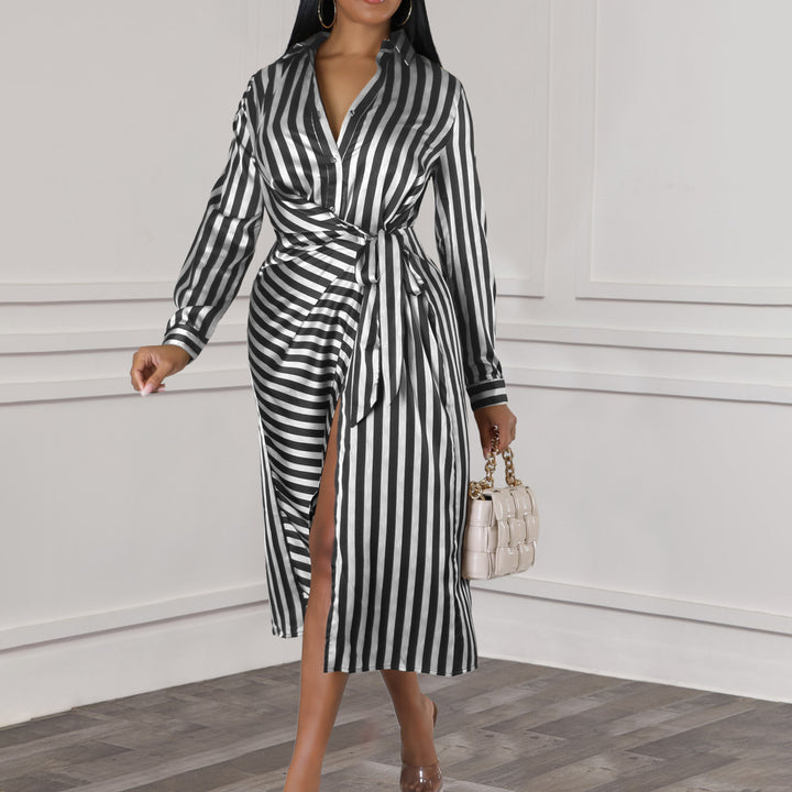 Striped Lapel Shirt Dress Loose Long Sleeve Dress