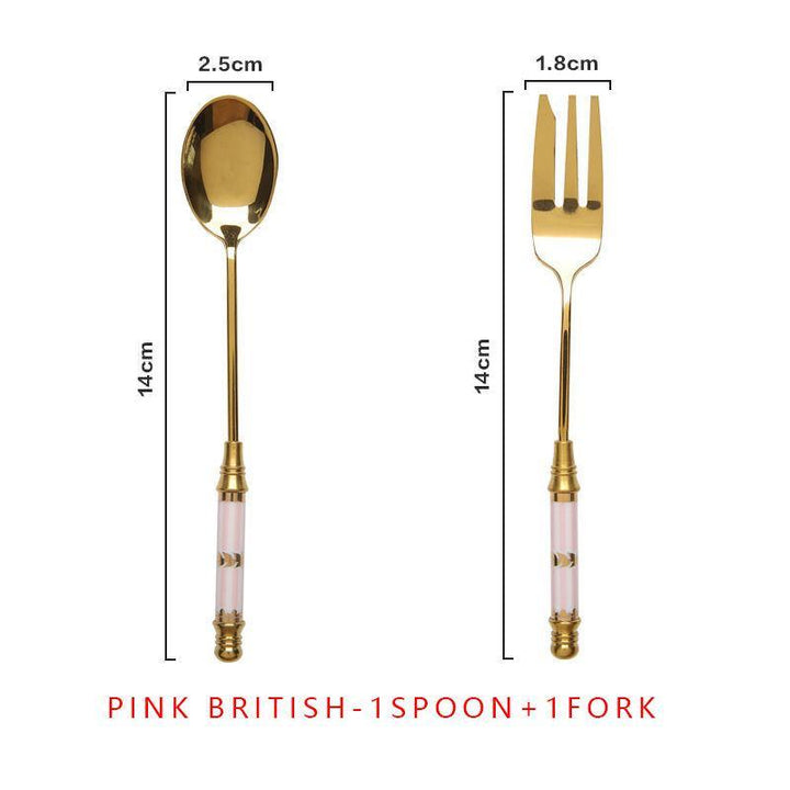 Elegant Vintage Gold and Ceramic Coffee Dessert Fork and Spoon Set