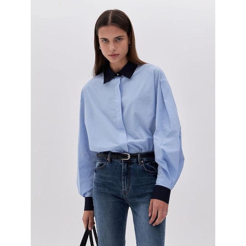 Elegant Blue Patchwork Office Blouse