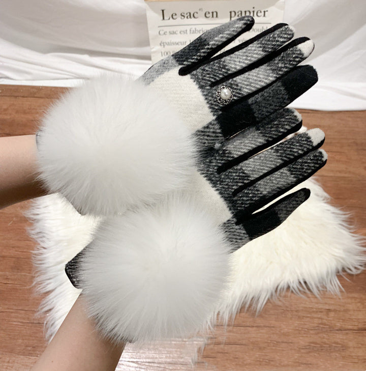 Oversized Fox Fur Ball Day Single Symmetrical Plaid Wool And Cashmere Finger Gloves