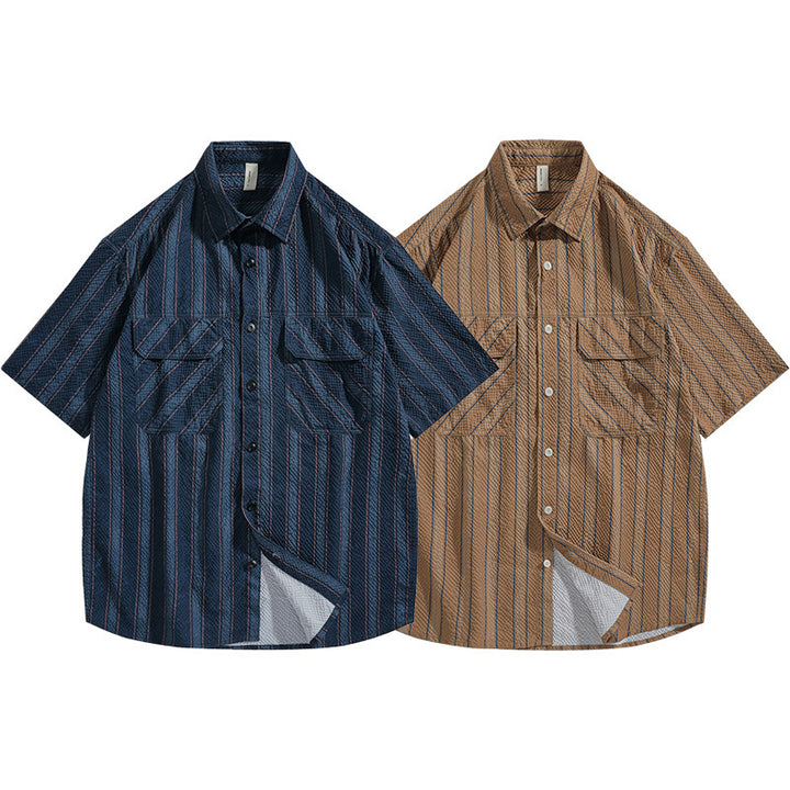 Summer Seersucker Striped Texture Short-sleeved Shirt For Men