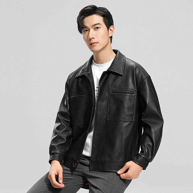 Fashion Youth Motorcycle Leather Coat Lapel Handsome Men's Jacket