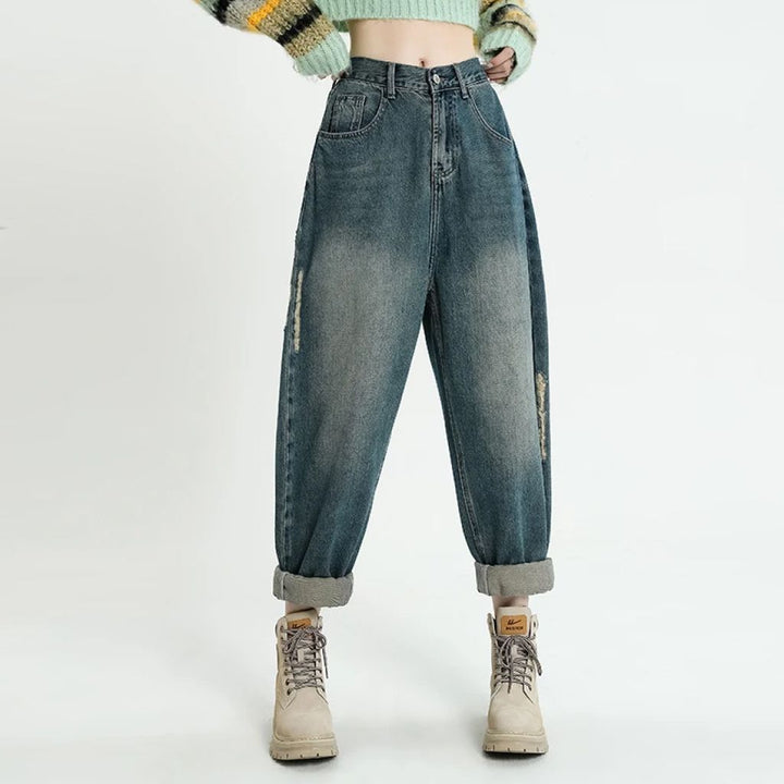 Vintage Loose Slim Ripped Women's Jeans - Blue High Waist Casual Harem Pants