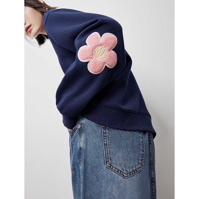 Floral Patchwork Sleeve Casual Pullover Sweatshirt for Women