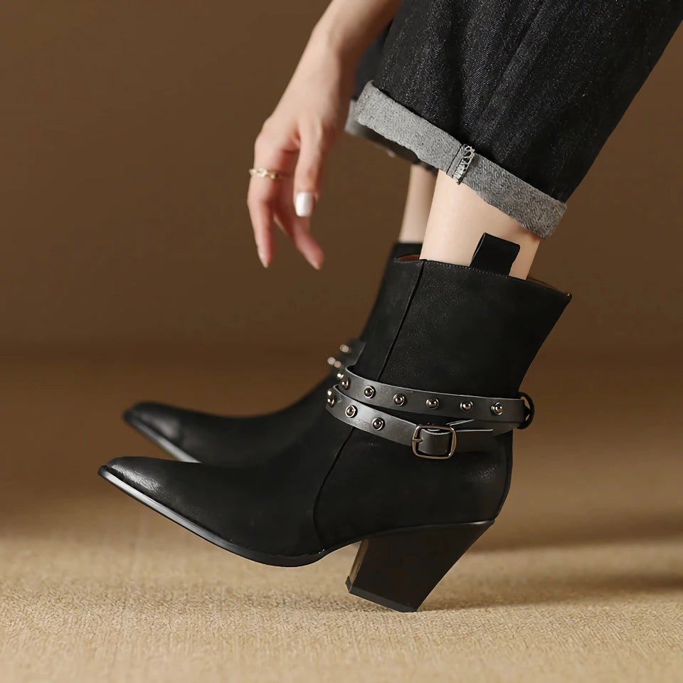 Elegant Pointed Toe Chunky Heel Leather Boots for Women