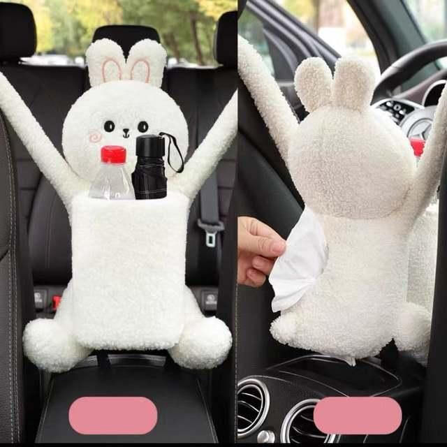 Cartoon Plush Car Tissue Holder with Integrated Trash Cabin