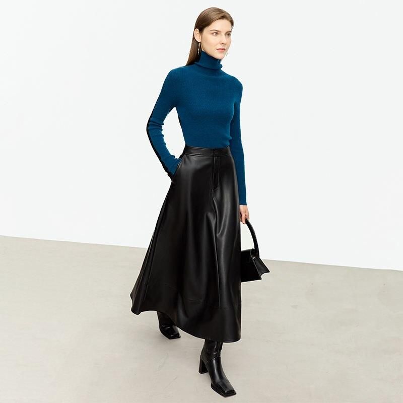 Elegant Autumn Ankle-Length A-Line Leather Midi Skirt for Women