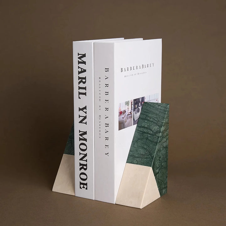 Natural Green Marble Bookends – Elegant Retro Travertine Book Stand