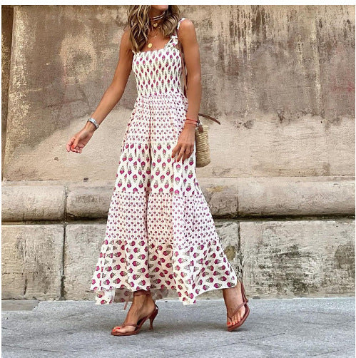 Women's Sling Bohemian Printed Mid-length Dress