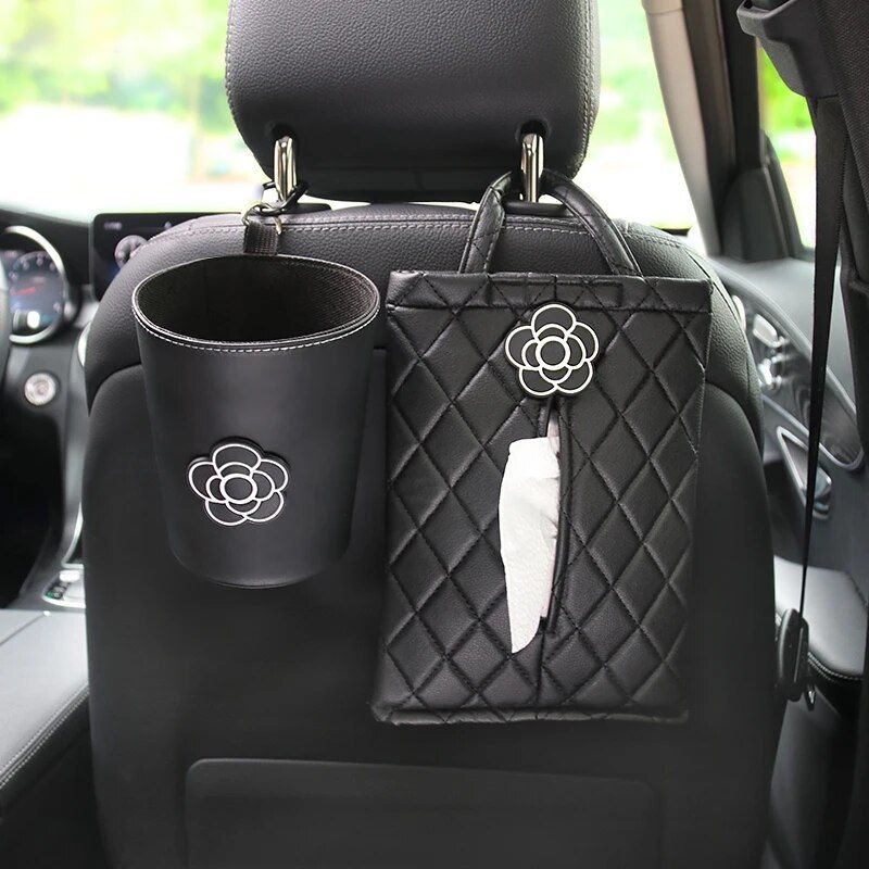 Chic Camellia Car Trash Bin - Compact Garbage Bag for Auto Vent & Headrest