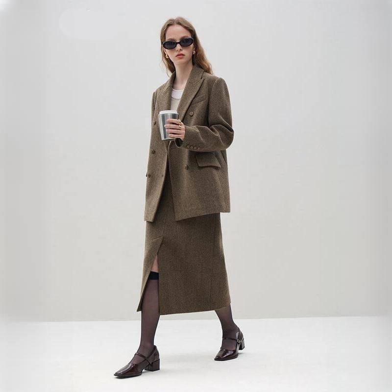 Elegant Wool Blazer Skirt Set for Women