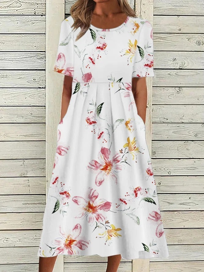 Women's Casual Round Neck Pocket Short Sleeve Printed Dress