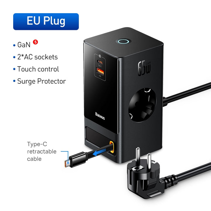 65W GaN Fast Charger with Digital Desktop Power Strip & Smart Control