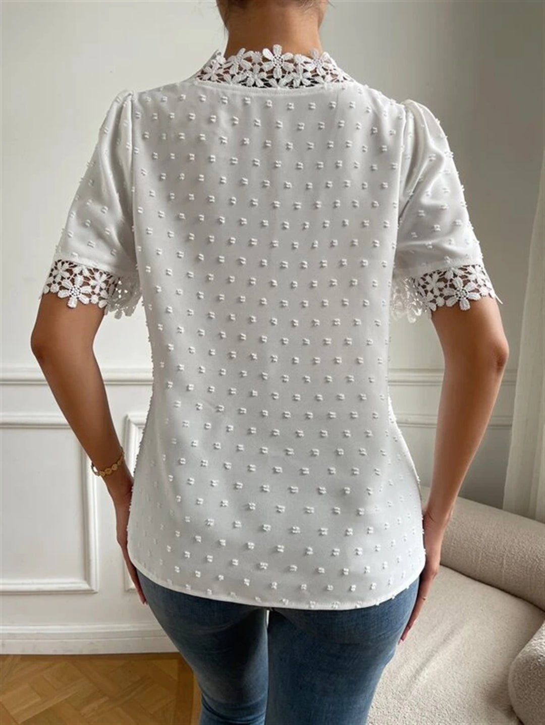 Floral Lace Short Sleeve Shirt Summer Fashion V-Neck Tops Women's Clothing