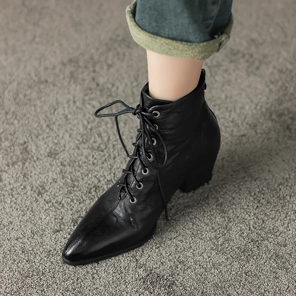 Women's Genuine Leather Pointed Toe Chunky Ankle Boots