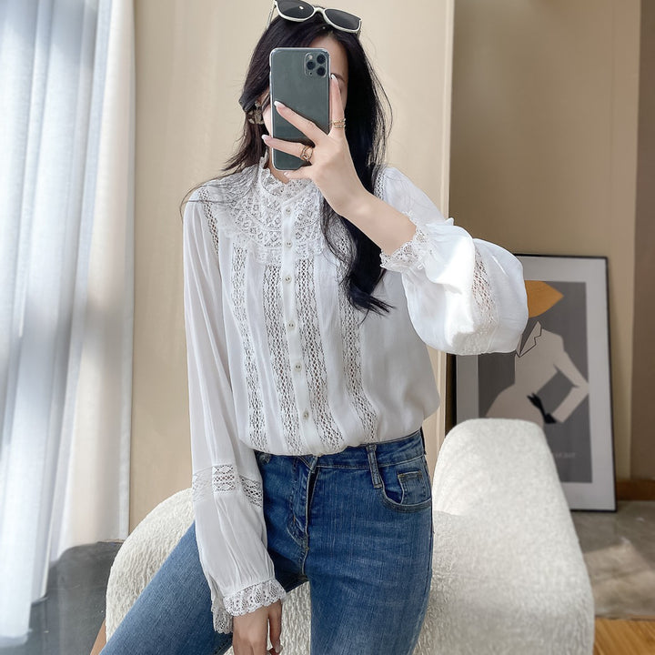 Niche Round Neck Lace Long Sleeve White Shirt Female Blouse