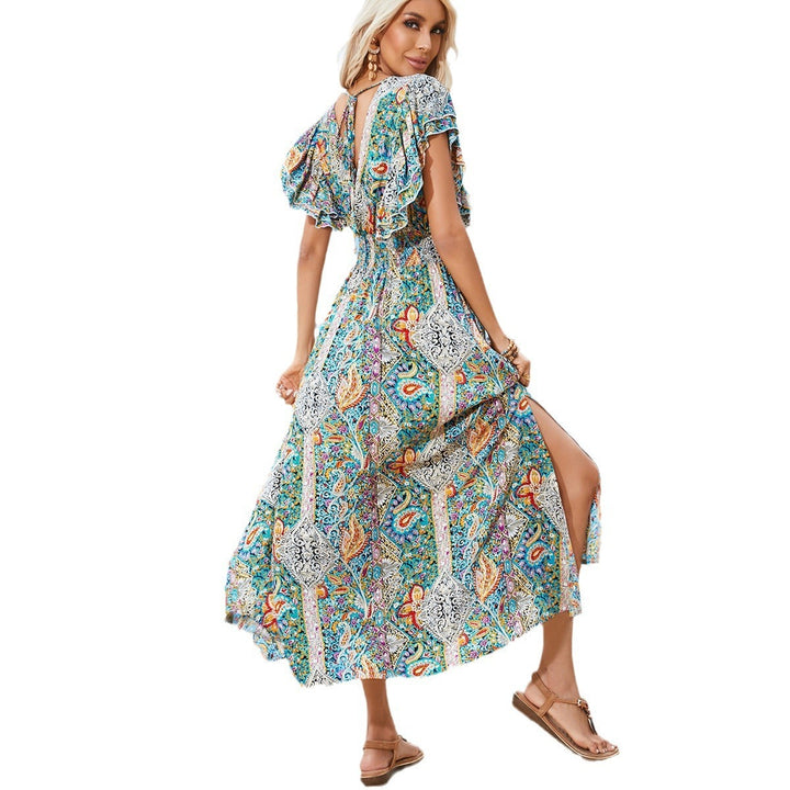 V-neck Backless Rayon Printed Ruffled Short Sleeves Dress