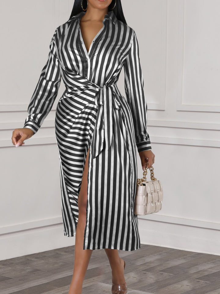 Striped Lapel Shirt Dress Loose Long Sleeve Dress