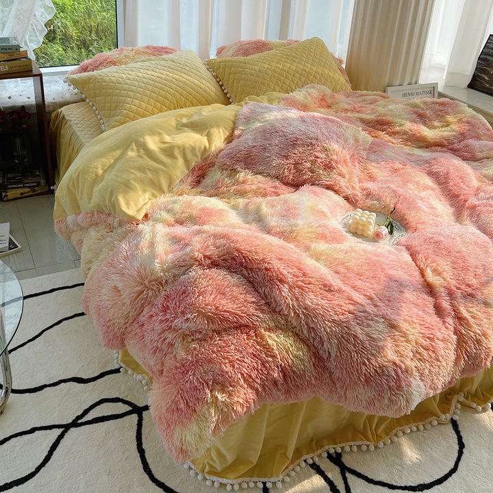 Milk Fiber Winter Mink Fur Bed Four-piece Long Wool Quilt Cover Coral Velvet Double-sided Plush Fleece-lined Quilted Bed Skirt Princess Style