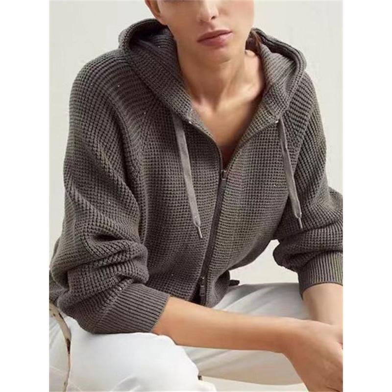 Elegant Beaded Zipper Cotton Cardigan