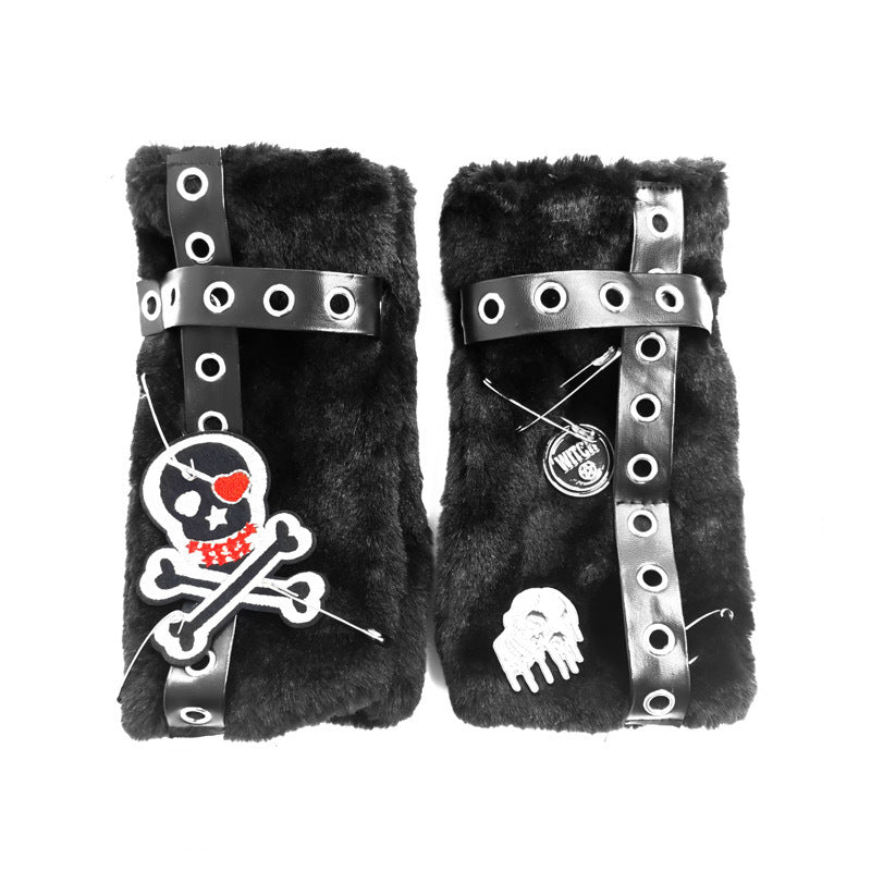 Punk Black Furry Skull Five Finger Sleeve