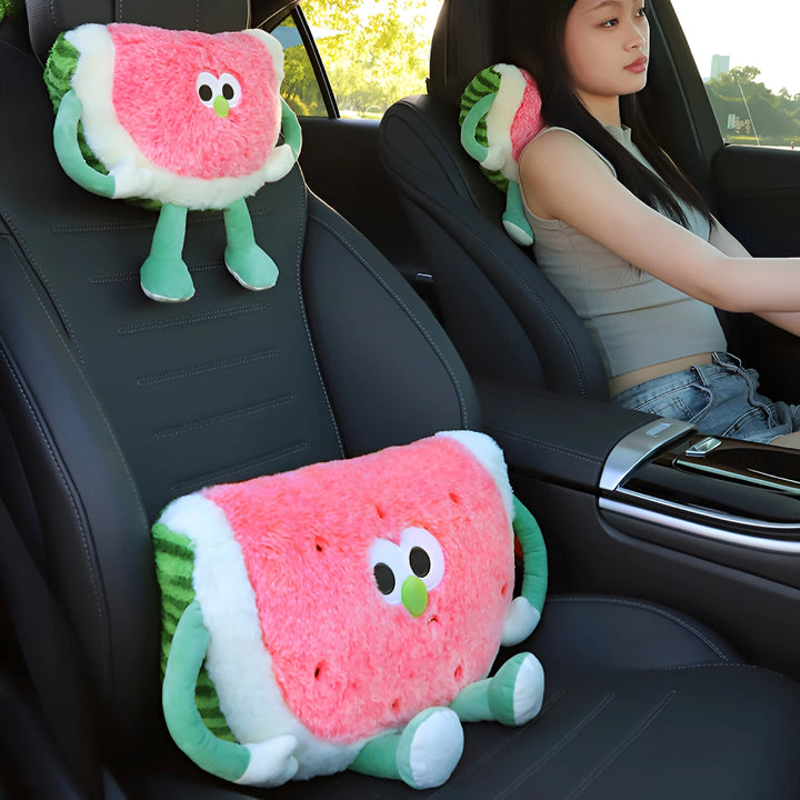 Cute Watermelon Design Headrest & Lumbar Support Pillow for Car Comfort