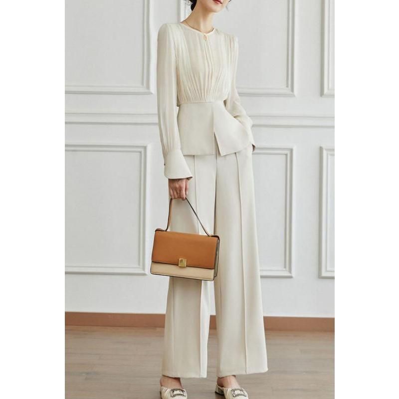 Elegant Long Sleeve Top & Wide Leg Pants Set