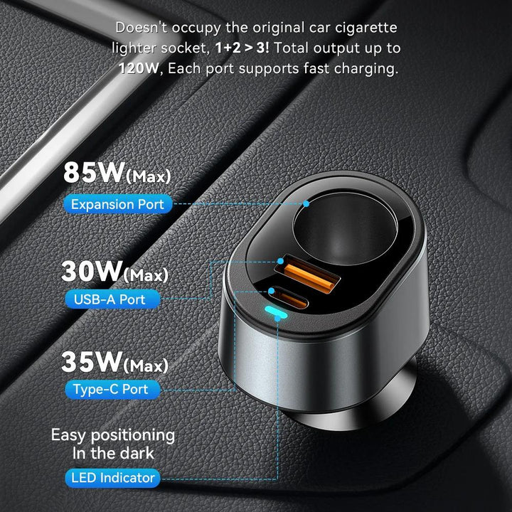 120W USB C Fast Car Charger with 85W Cigarette Lighter Adapter for iPhone & Laptops