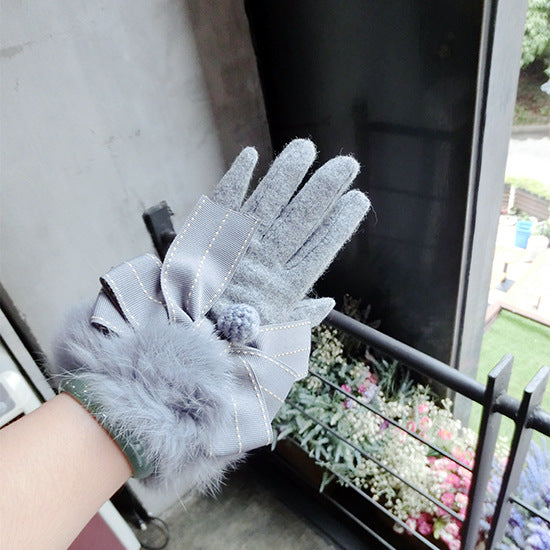 Cute Warm Gloves With Bow Fur Ball