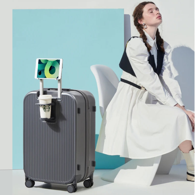 Hard Shell Spinner Suitcase with Cup & Phone Holder - Travel Light & Smart