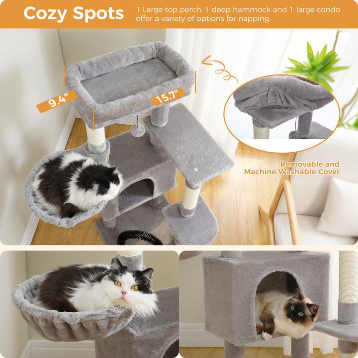 120CM Cat Tree Condo with Self-Grooming Brush, Scratching Post, Perch House, and Hanging Ball Toy