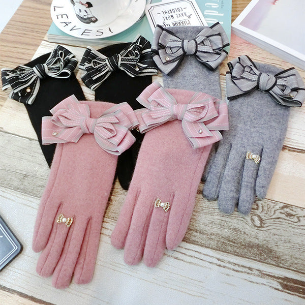 Striped Multi-layer Bowknot Thickened Gloves