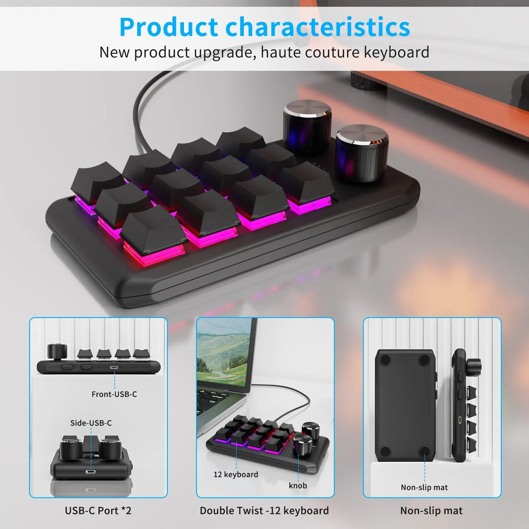 Compact Bluetooth RGB Mechanical Macropad with Custom Macros and Dual Knobs