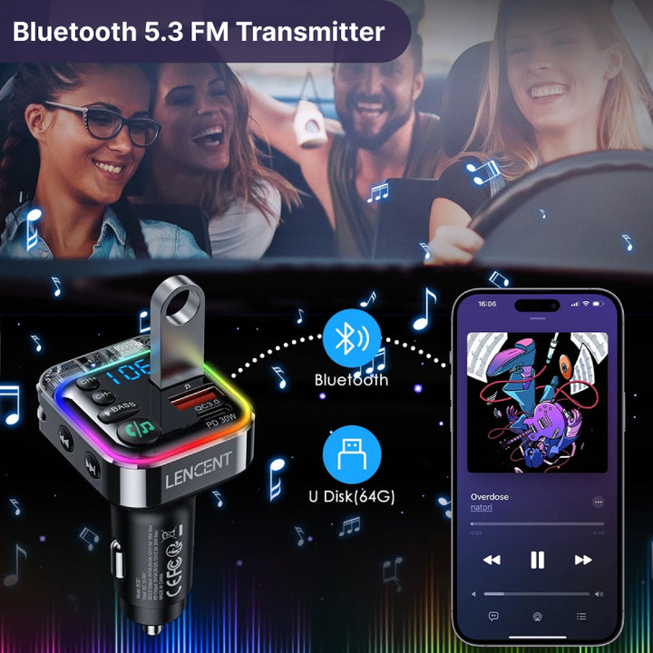 Bluetooth 5.3 FM Transmitter with 30W PD & QC3.0 Fast Charger